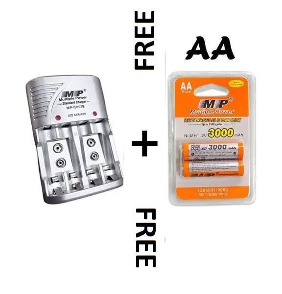 Multiple Power AA Rechargeable 1.2V 3000mAH Battery (1 Pair) PLUS Charger