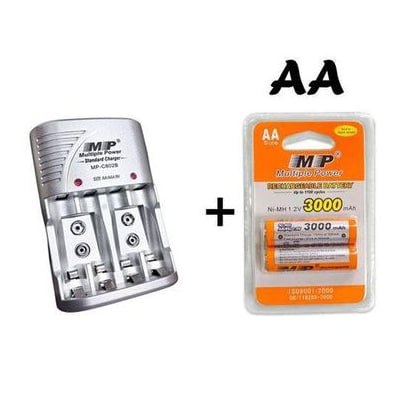 Multiple Power AA Rechargeable 1.2V 3000mAH Battery (1 Pair) PLUS Charger