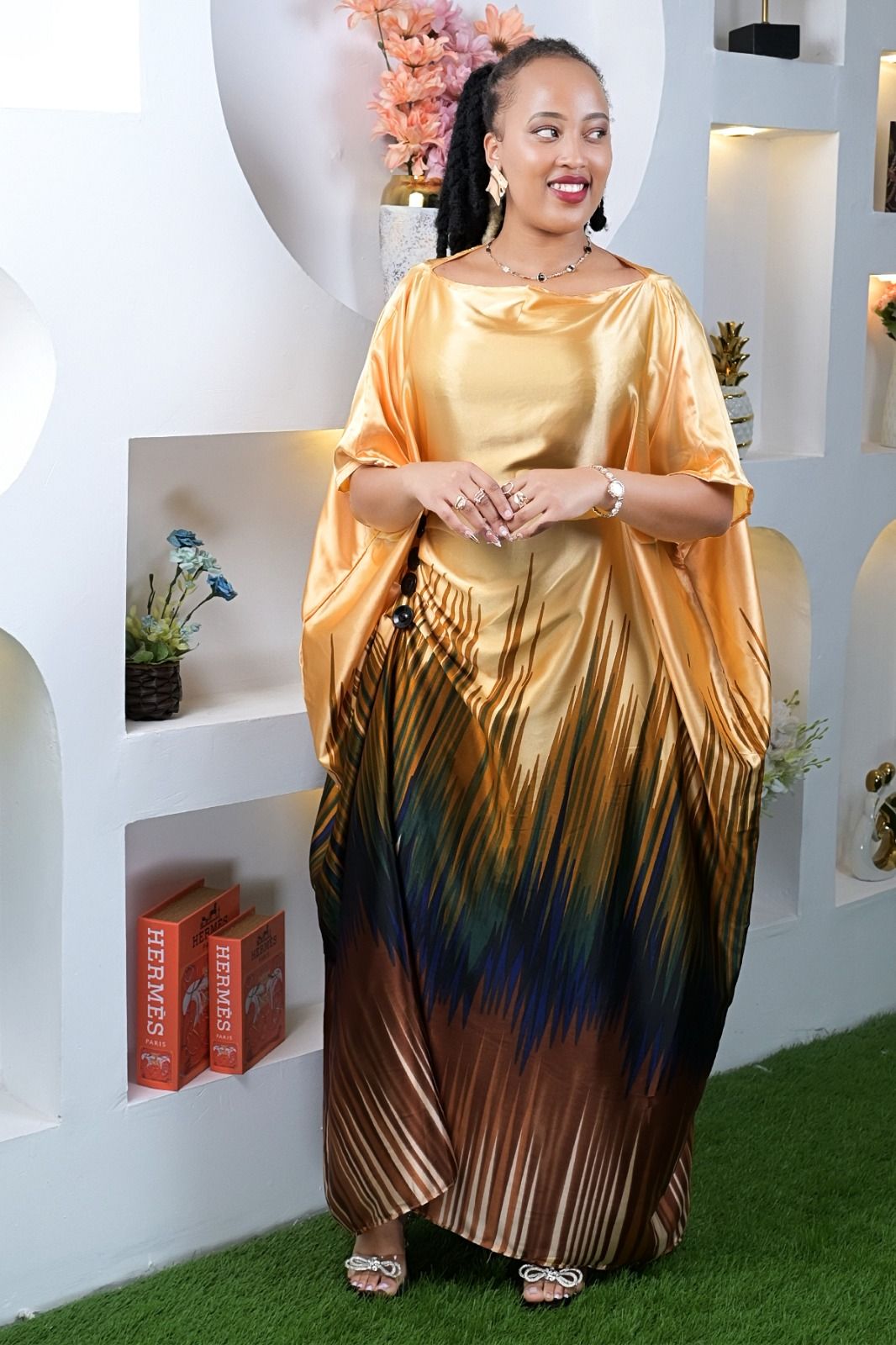 Women Silk Kaftan New Print Dress Free Size with Adjustable Inner Belt Elegant Maxi Gown Comfortable Loose Fit Fashion Outfit Stylish Ladies Wear for Travel Parties and Daily Wear