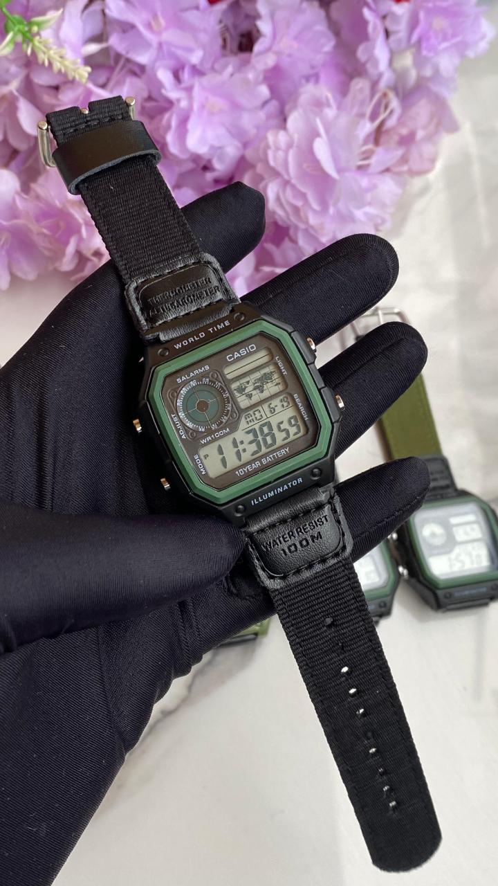 Men's Casio Digital Watch World Time Digital Display Converse Strap Light Button Alarm