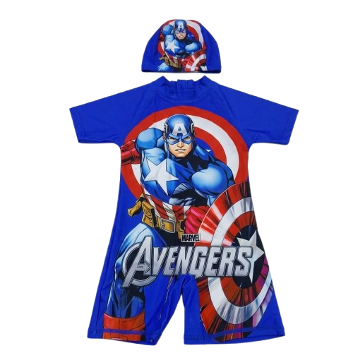 BRAND NEW Marvel Avengers Boy's One-Piece Shorty Swimsuit with Matching Swim Cap Set- Suitable for kids Age 2-3yrs