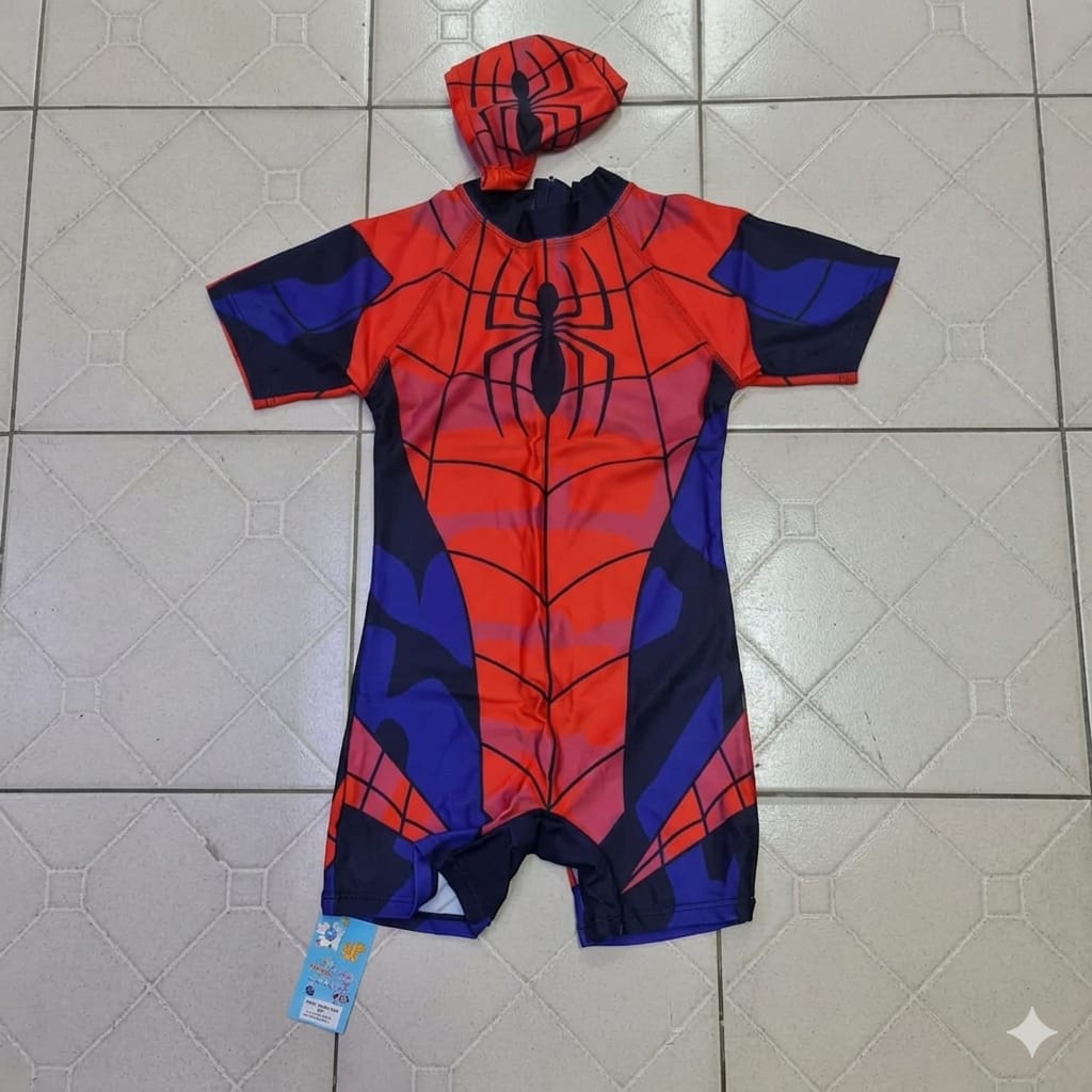 BRAND NEW Marvel Spiderman Boy's One-Piece Shorty Swimsuit with Matching Swim Cap Set- Suitable for kids Age 2-3yrs