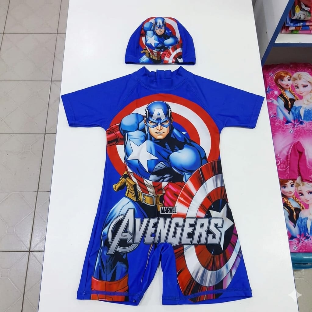 BRAND NEW Marvel Avengers Boy's One-Piece Shorty Swimsuit with Matching Swim Cap Set- Suitable for kids Age 2-3yrs