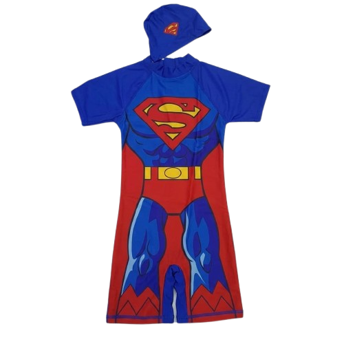 BRAND NEW Marvel Superman Boy's One-Piece Shorty Swimsuit with Matching Swim Cap Set- Suitable for kids Age 8-12yrs