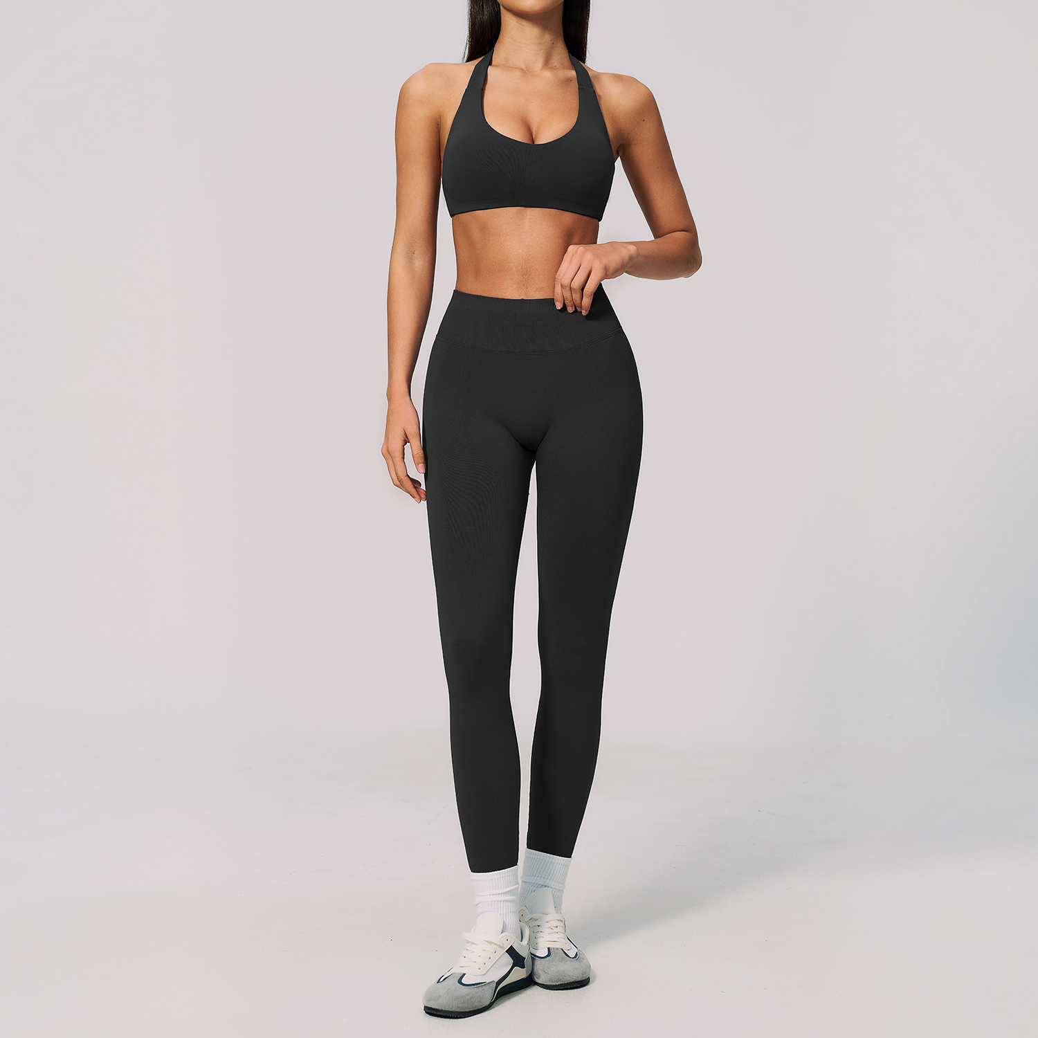 Women Seamless Yoga Set Halter Sports Bra High Waist Tummy Control Butt Lifting Back Sculpt Pencil Pants Fitness Pilates Training 2 Piece Outfit