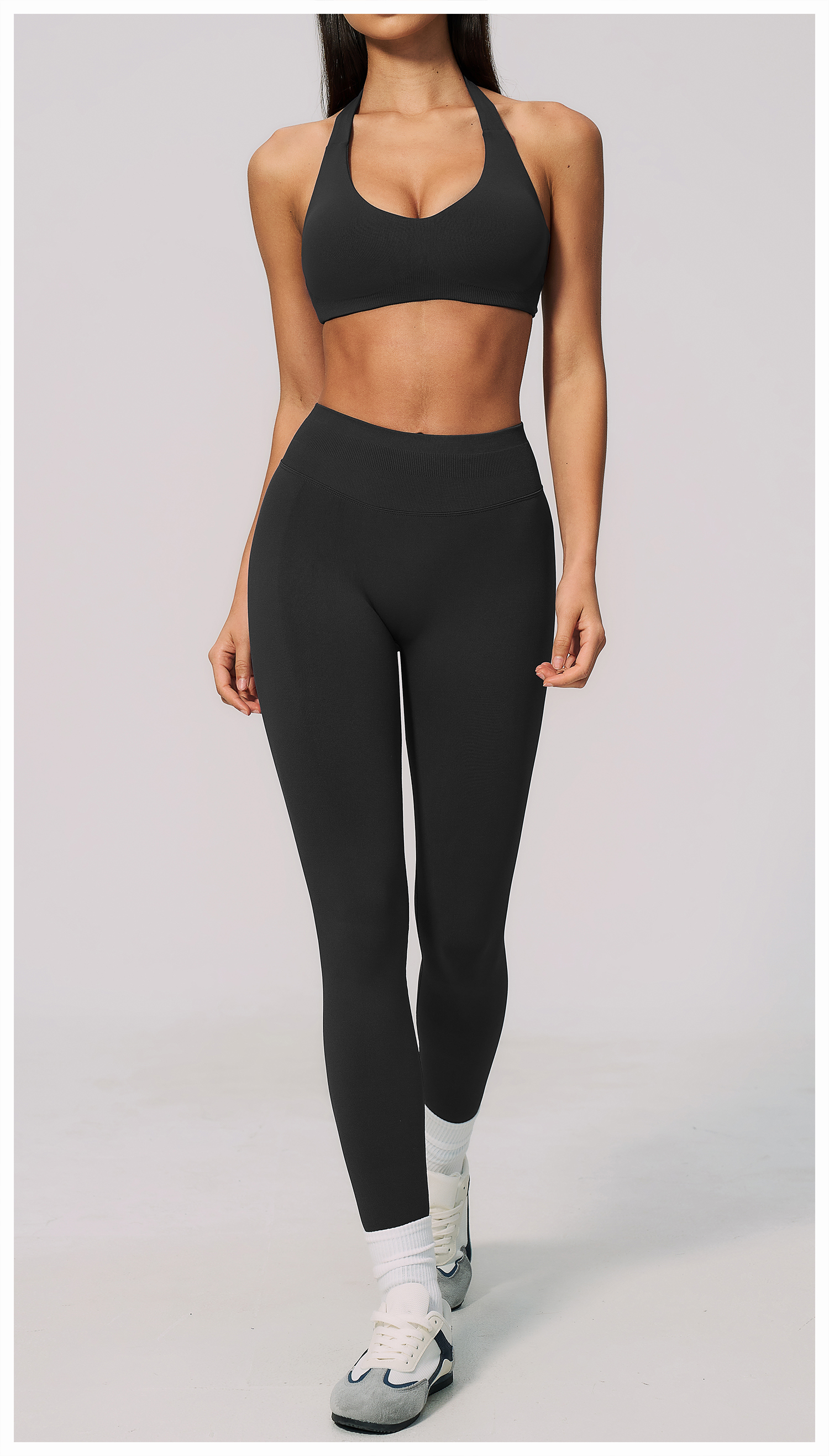 Women Seamless Yoga Set Halter Sports Bra High Waist Tummy Control Butt Lifting Back Sculpt Pencil Pants Fitness Pilates Training 2 Piece Outfit