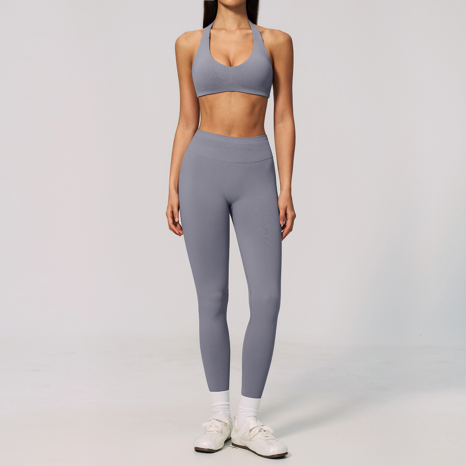 Women Seamless Yoga Set Halter Sports Bra High Waist Tummy Control Butt Lifting Back Sculpt Pencil Pants Fitness Pilates Training 2 Piece Outfit