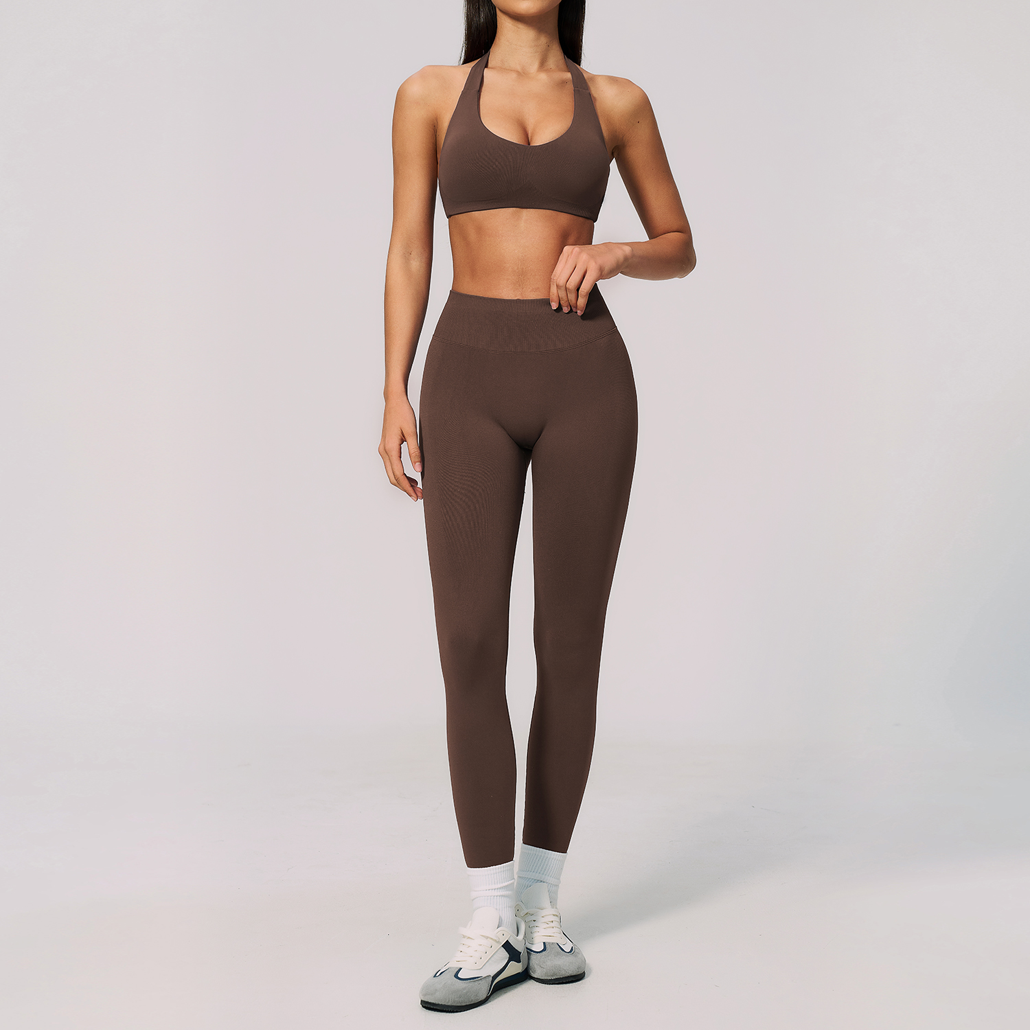 Women Seamless Yoga Set Halter Sports Bra High Waist Tummy Control Butt Lifting Back Sculpt Pencil Pants Fitness Pilates Training 2 Piece Outfit