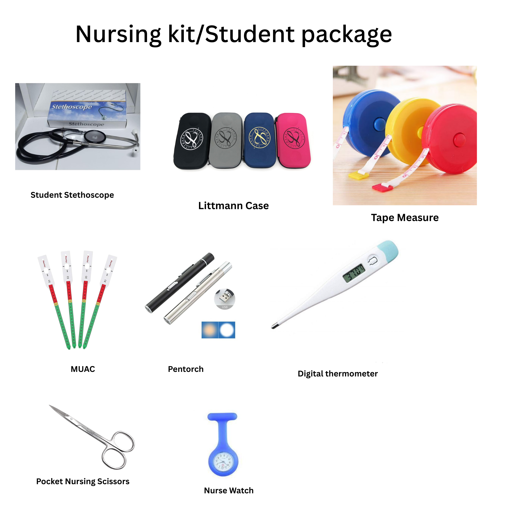 HCD Nursing Kit | Student Stethoscope, Case, Digital Thermometer, Pocket Scissors, Pentorch, MUAC Tape, Tape Measure & Nurse Watch