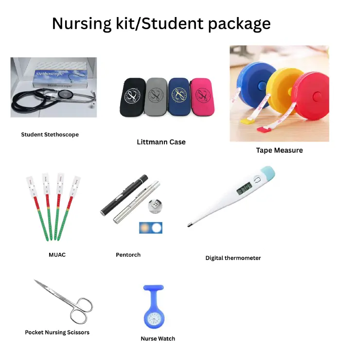 HCD Nursing Kit | Student Stethoscope, Case, Digital Thermometer, Pocket Scissors, Pentorch, MUAC Tape, Tape Measure & Nurse Watch