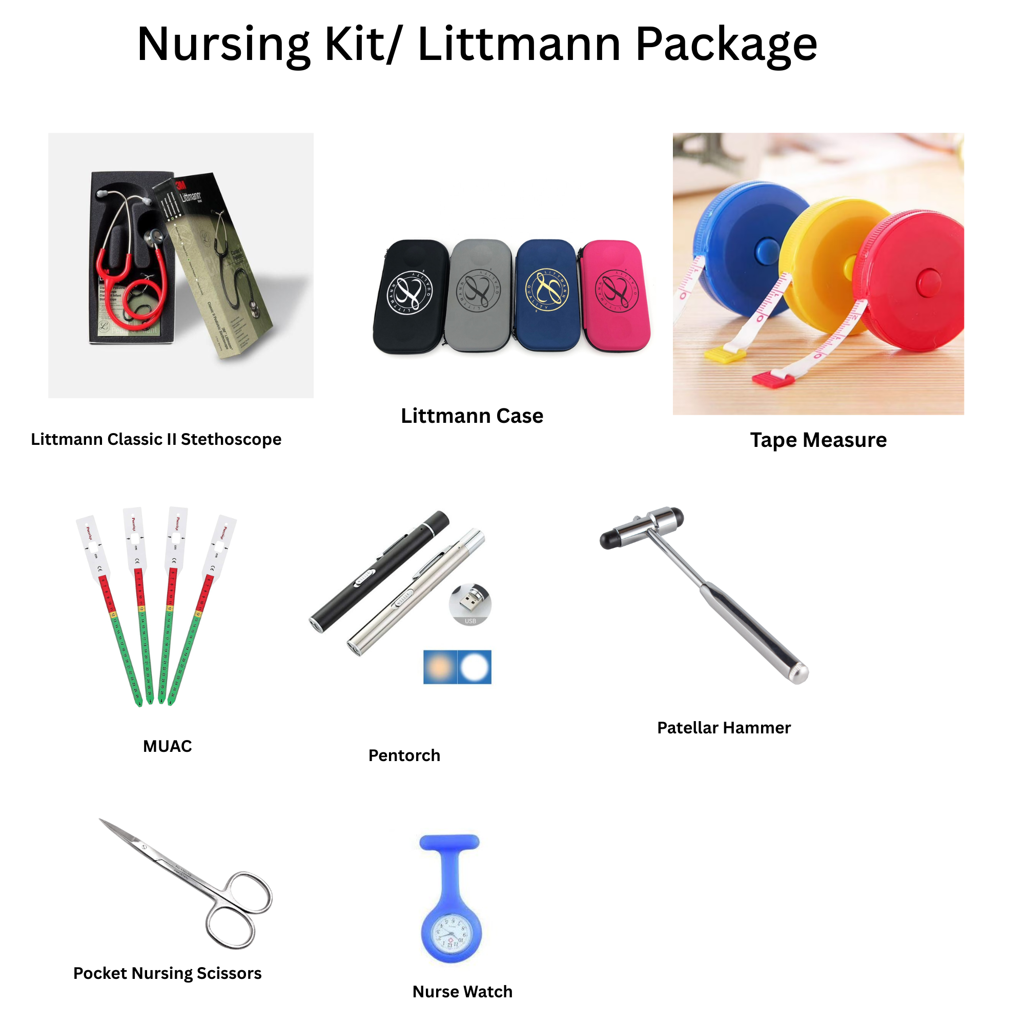 HCD Nursing Kit | Littmann Classic II Stethoscope, Case, Thermometer, Pocket Scissors, Pentorch, MUAC Tape, Tape Measure & Nurse Watch