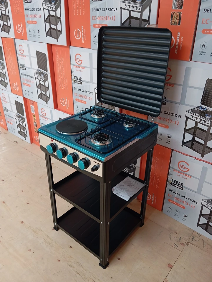 Eurochef 3 Gas + 1 Electric Standing Cooker – 4 burners, storage shelves, durable design, fast heating, and flexible cooking for homes, hostels, and restaurants.