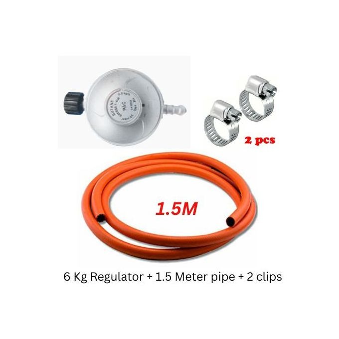 6kg Gas Regulator + FREE 1.5M Hose Pipe & 2 Safety Clips | Safe LPG Connection | ISO Standard Rubber Hose | Stainless Steel Clips