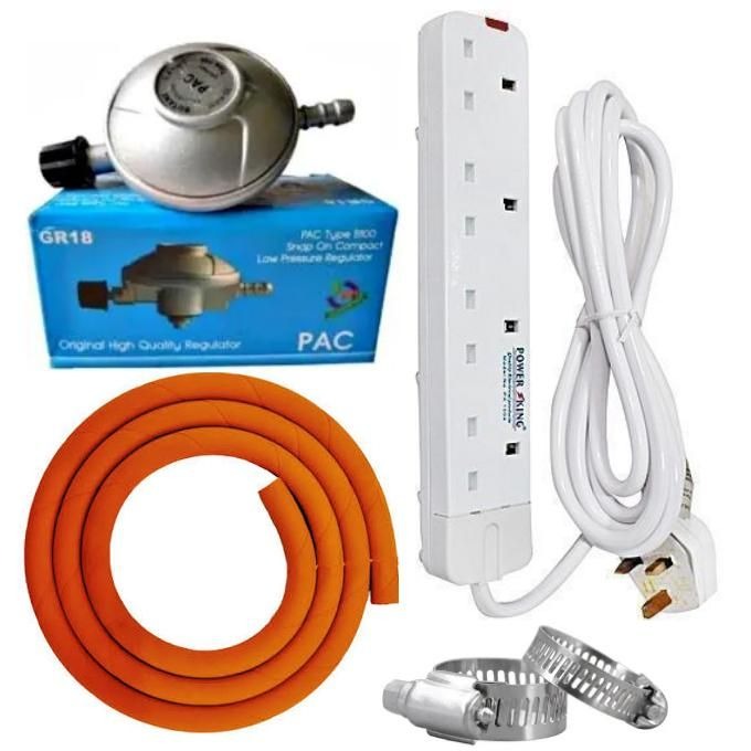 PAC Universal 6kg Gas Regulator | 2M Hose Pipe + Clips | Butane & Propane Compatible | Compact Low Pressure | FREE 4-Way Power Extension Cable
