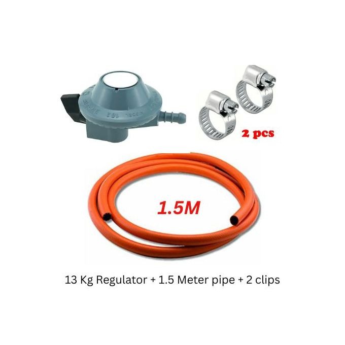 13kg Gas Regulator + FREE 1.5M Hose Pipe & 2 Safety Clips | Safe LPG Connection | ISO Standard Rubber Hose | Stainless Steel Clips | Durable Build