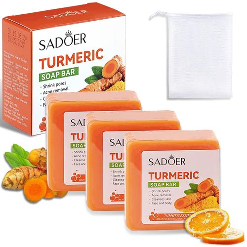 SADOER 3pcs Turmeric Anti Acne Soap,Tend Skin Moisturizing Deep Cleansing Face and Body Tumeric Soap