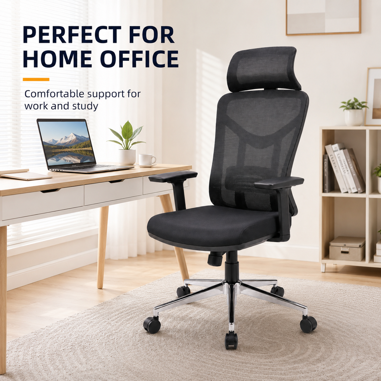 Ergonomic Mesh Office Chair Model 57A - Adjustable Headrest, Lumbar Support Desk Chair with Chrome Base for Home & Office (Black)