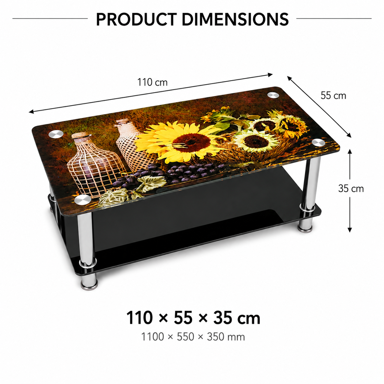 Modern Rectangular Glass Coffee Table 110×55×35cm, Sunflower Print Tempered Glass Top with Black Storage Shelf and Chrome Metal Legs