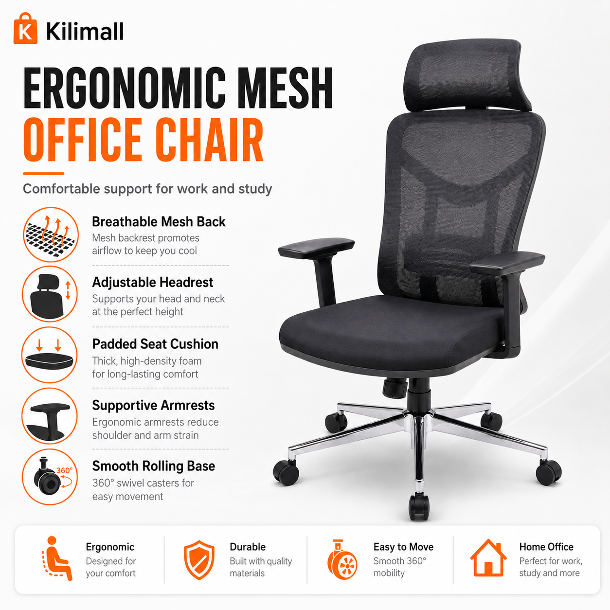 Ergonomic Mesh Office Chair Model 57A - Adjustable Headrest, Lumbar Support Desk Chair with Chrome Base for Home & Office (Black)