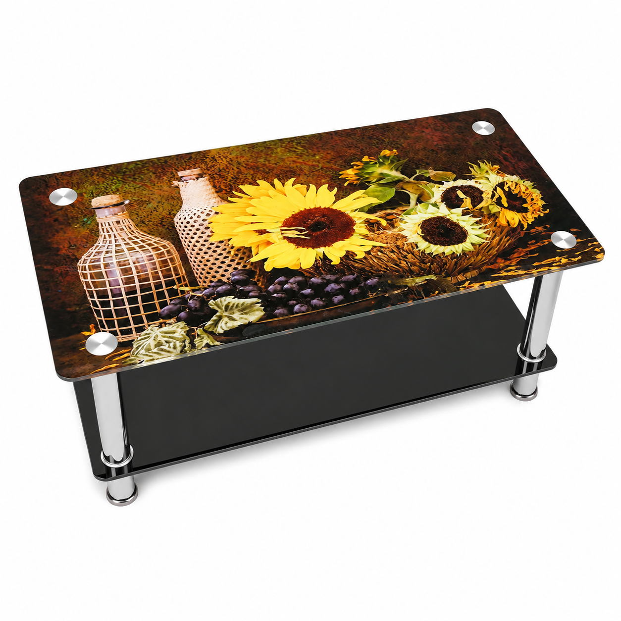 Modern Rectangular Glass Coffee Table 110×55×35cm, Sunflower Print Tempered Glass Top with Black Storage Shelf and Chrome Metal Legs