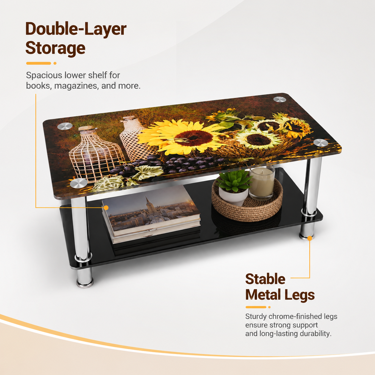 Modern Rectangular Glass Coffee Table 110×55×35cm, Sunflower Print Tempered Glass Top with Black Storage Shelf and Chrome Metal Legs