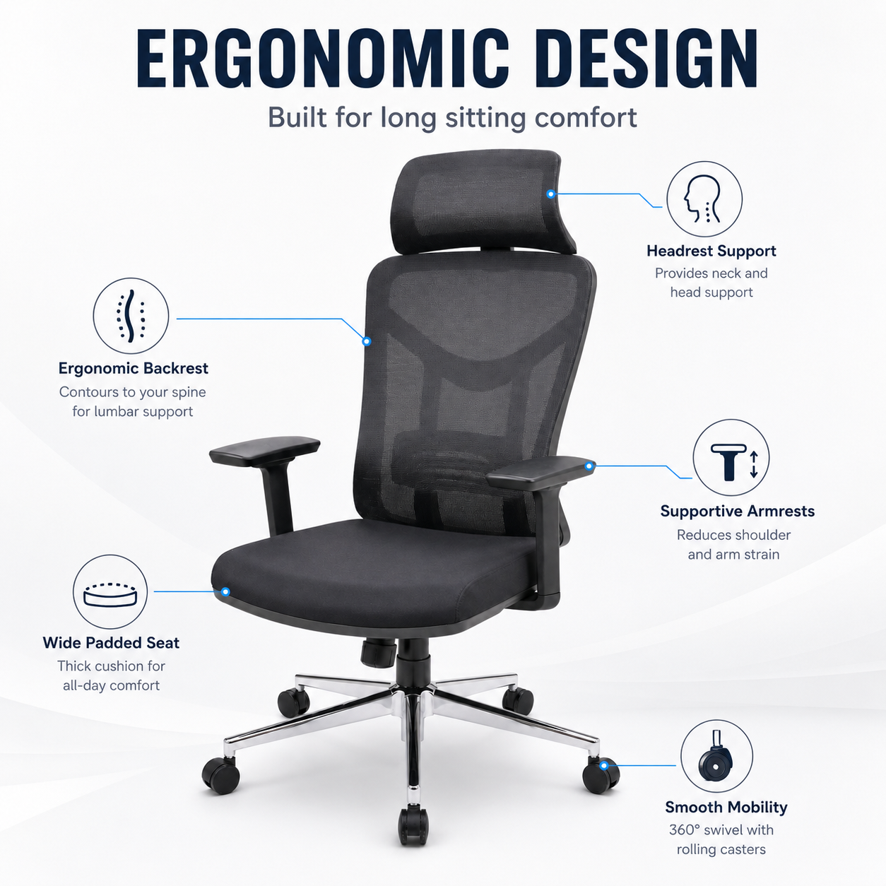Ergonomic Mesh Office Chair Model 57A - Adjustable Headrest, Lumbar Support Desk Chair with Chrome Base for Home & Office (Black)