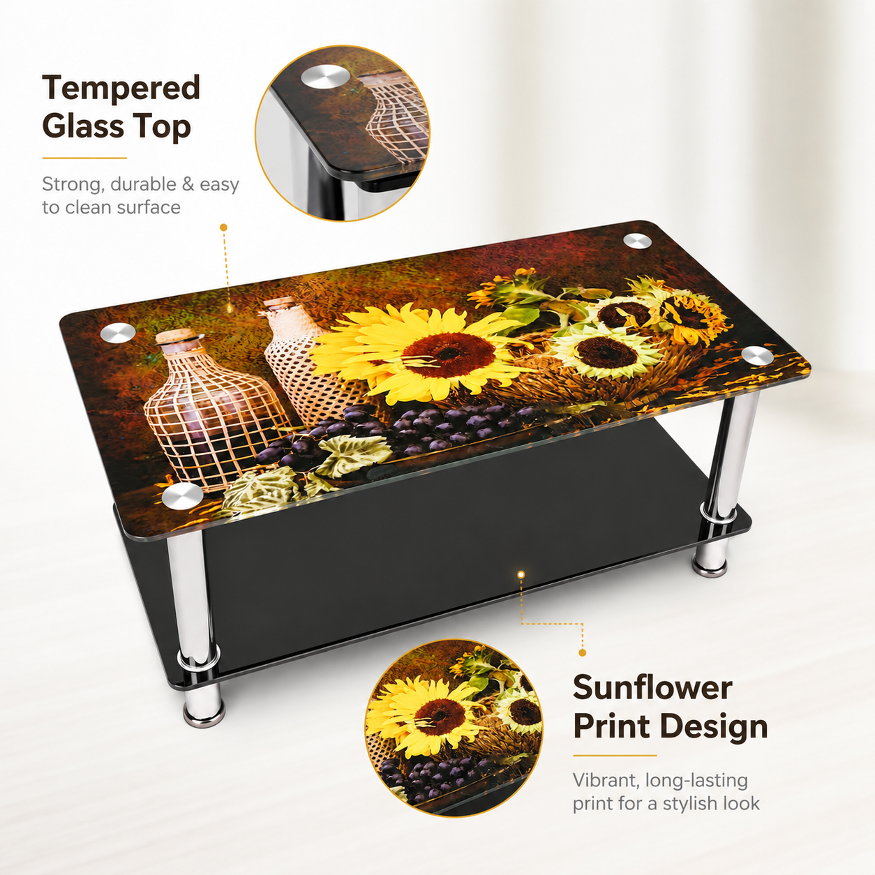 Modern Rectangular Glass Coffee Table 110×55×35cm, Sunflower Print Tempered Glass Top with Black Storage Shelf and Chrome Metal Legs