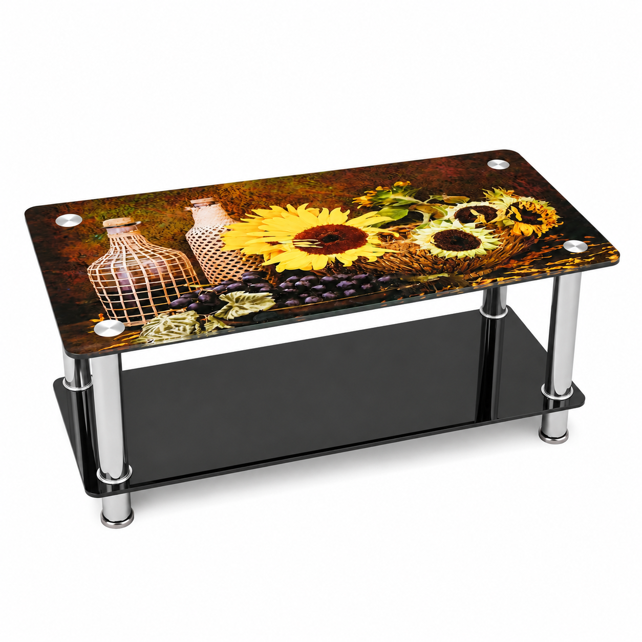 Modern Rectangular Glass Coffee Table 110×55×35cm, Sunflower Print Tempered Glass Top with Black Storage Shelf and Chrome Metal Legs