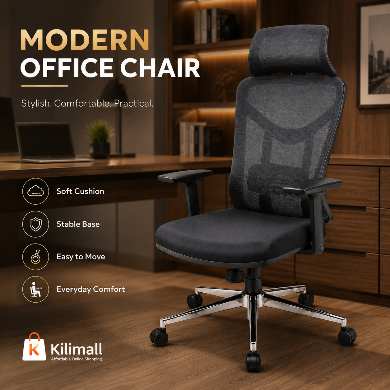 Ergonomic Mesh Office Chair Model 57A - Adjustable Headrest, Lumbar Support Desk Chair with Chrome Base for Home & Office (Black)