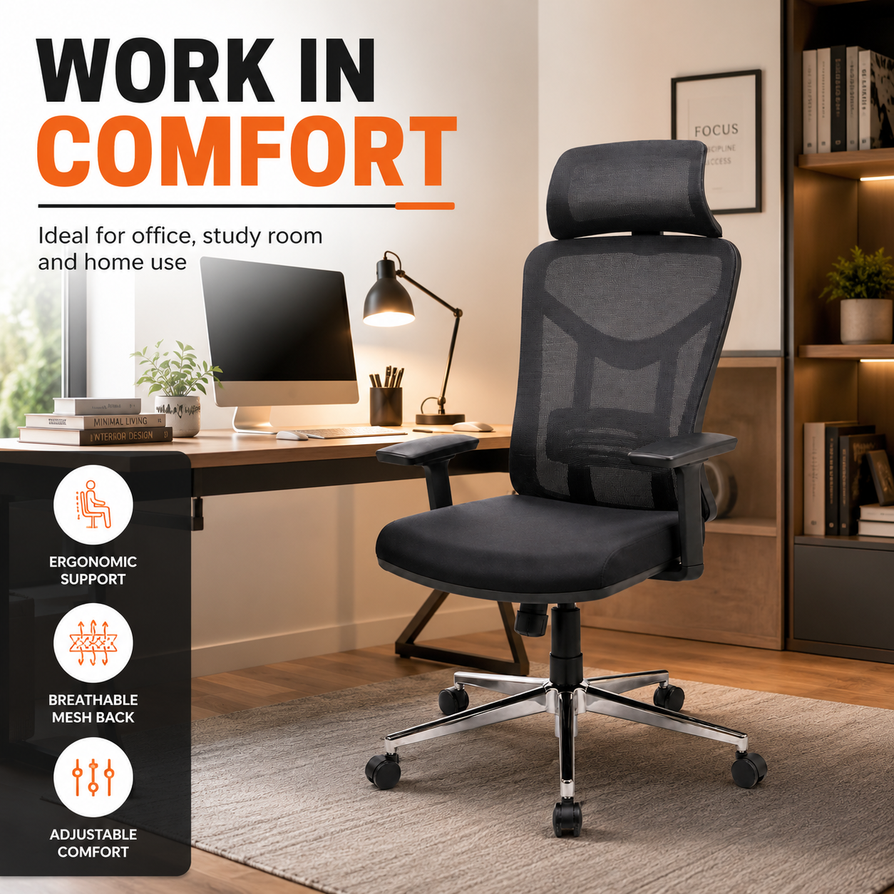 Ergonomic Mesh Office Chair Model 57A - Adjustable Headrest, Lumbar Support Desk Chair with Chrome Base for Home & Office (Black)
