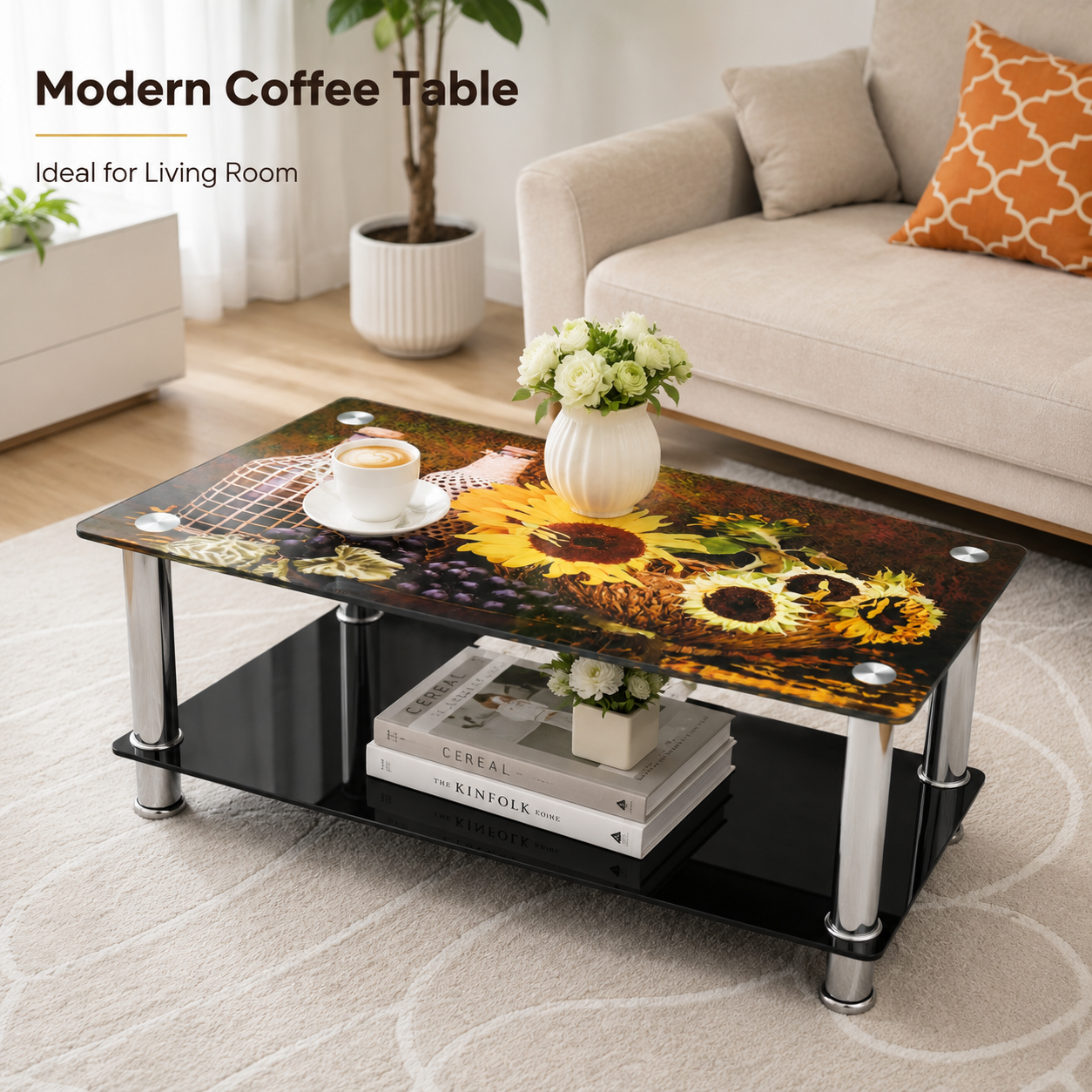 Modern Rectangular Glass Coffee Table 110×55×35cm, Sunflower Print Tempered Glass Top with Black Storage Shelf and Chrome Metal Legs