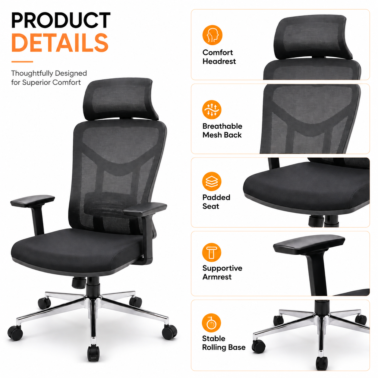 Ergonomic Mesh Office Chair Model 57A - Adjustable Headrest, Lumbar Support Desk Chair with Chrome Base for Home & Office (Black)