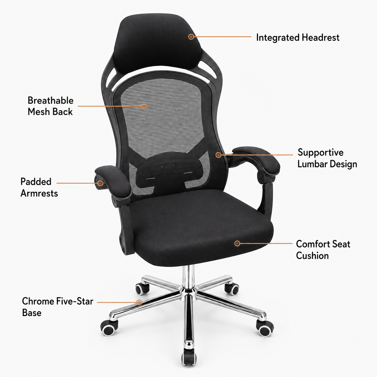 Ergonomic Mesh Executive Office Chair High-Back Desk Chair with Integrated Headrest, Lumbar Support, 360° Swivel Chrome Base & Padded Armrests (Black)