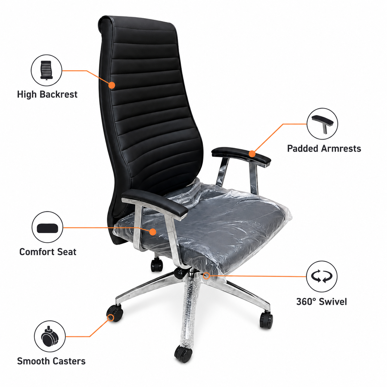 Premium Executive Office Chair – High-Back Ribbed PU Leather Desk Chair with Padded Chrome Armrests & 360° Swivel Base for Work & Study (Black)