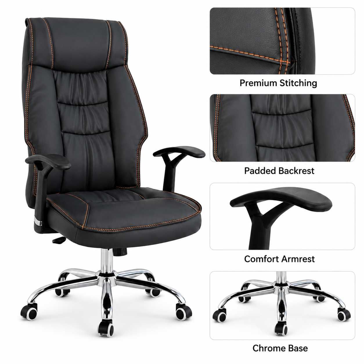 Premium Ergonomic Executive Office High-Back Padded Luxury Desk Chair with Contrast Stitching, 360° Swivel Chrome Base & Adjustable Height Workstation (Black)