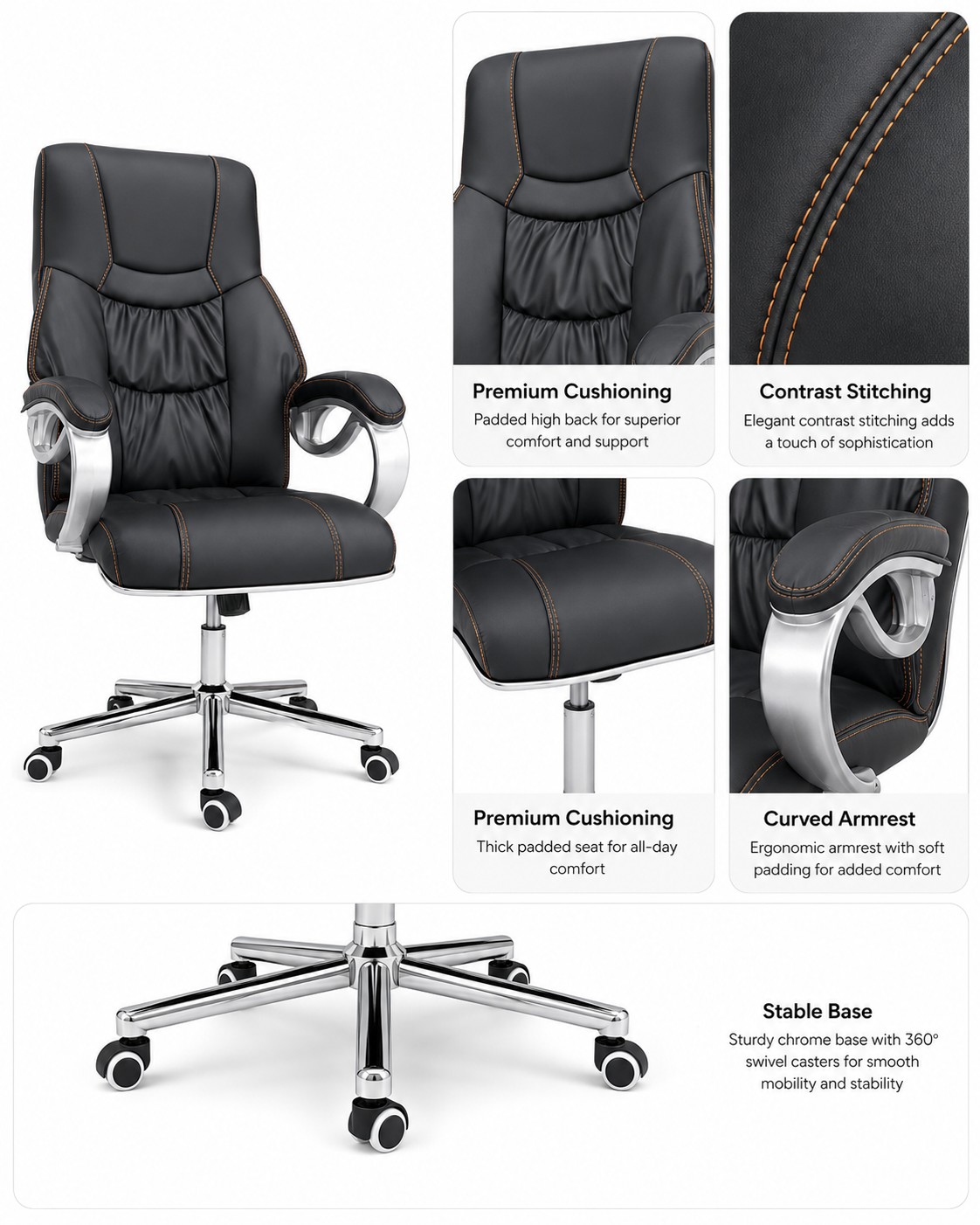 Luxury High-Back Executive Office Chair – Ergonomic PU Leather Desk Chair with Contrast Stitching, Comfortable Padded Armrests & Chrome Swivel Base for Boss, Home Office