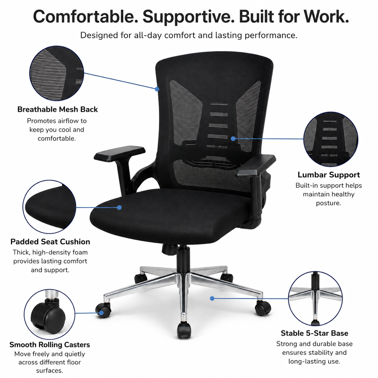 Ergonomic Mesh Office Chair Mid-Back Desk Chair with Built-In Lumbar Support, Comfort Padded Cushion, 360° Swivel Chrome 5-Star Base for Home Office, Workspace (Black)