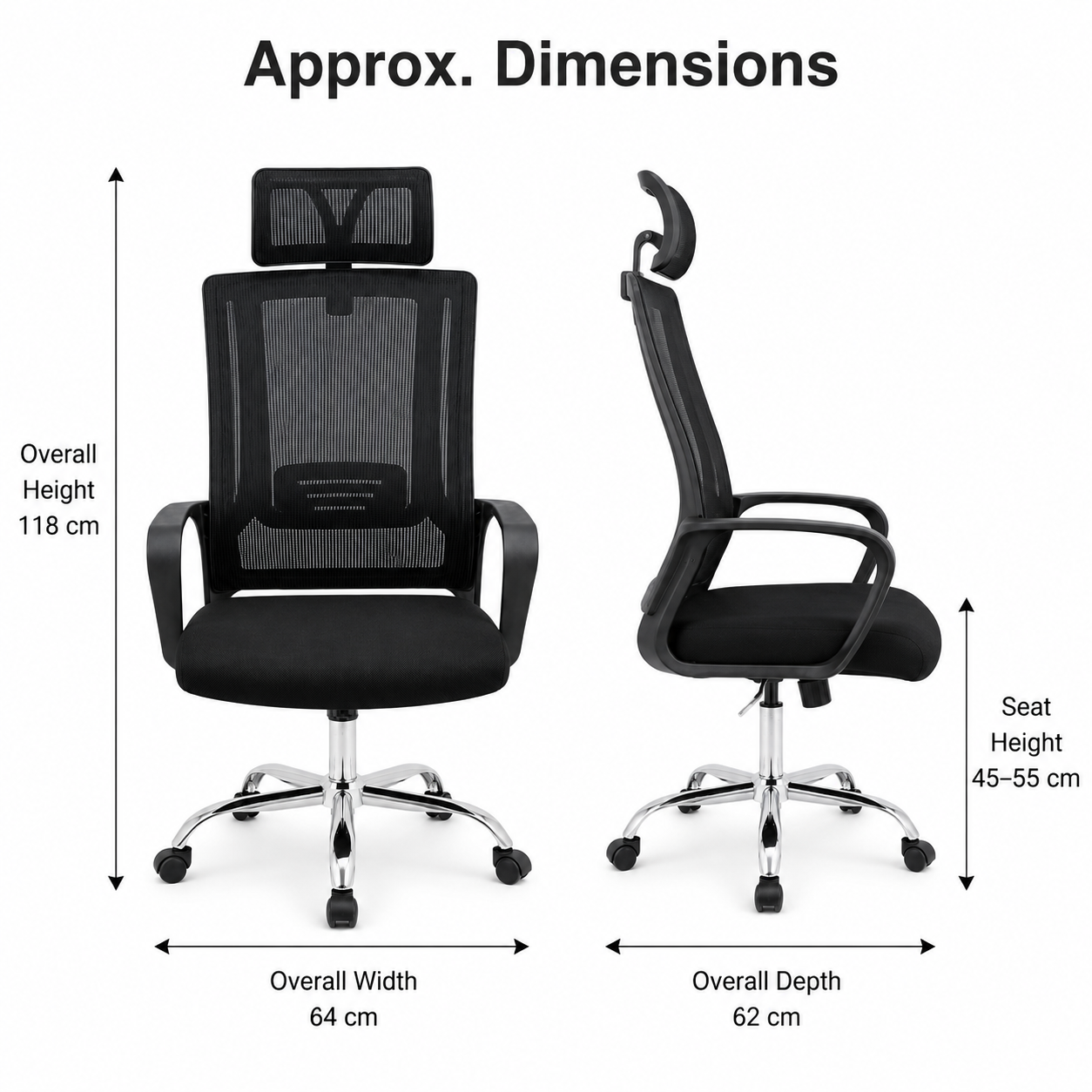 Ergonomic Mesh Executive Office Chair – High Back Desk Chair with Adjustable Headrest, Lumbar Support, 360° Swivel Chrome Base & Comfort Armrests for Home Office, Study (Black)