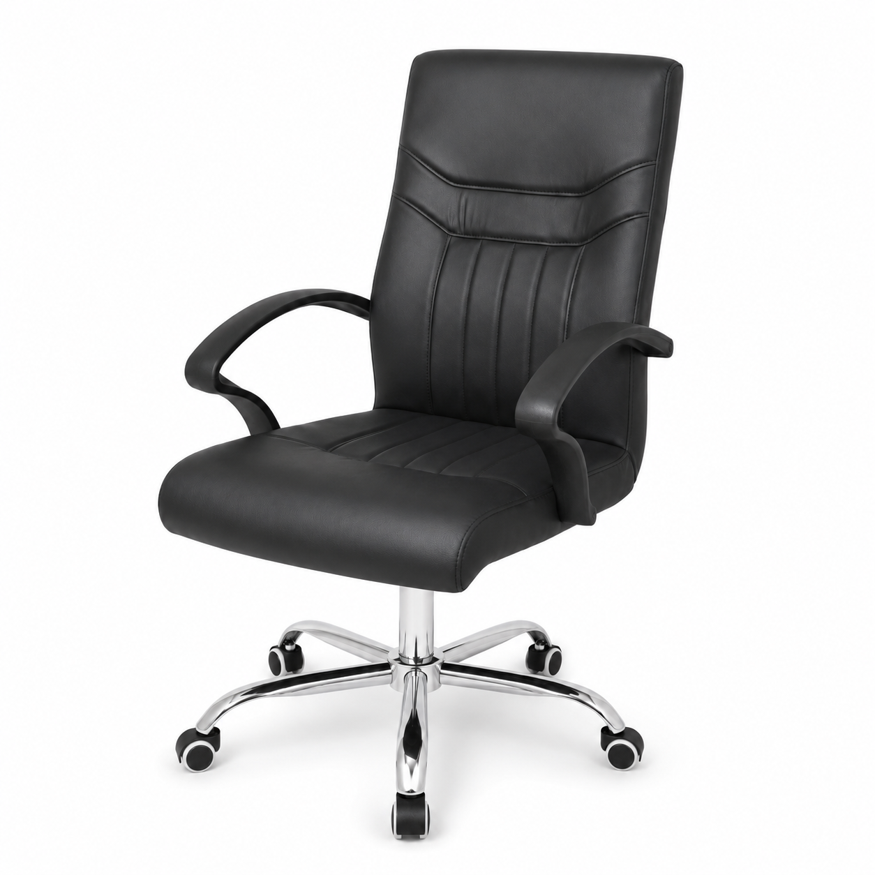 Ergonomic Executive Office Chair – Premium Mid-Back Padded Faux Leather Desk Chair with 360° Swivel Chrome 5-Star Base, Height Adjustment & Comfortable Fixed Armrests (Black)