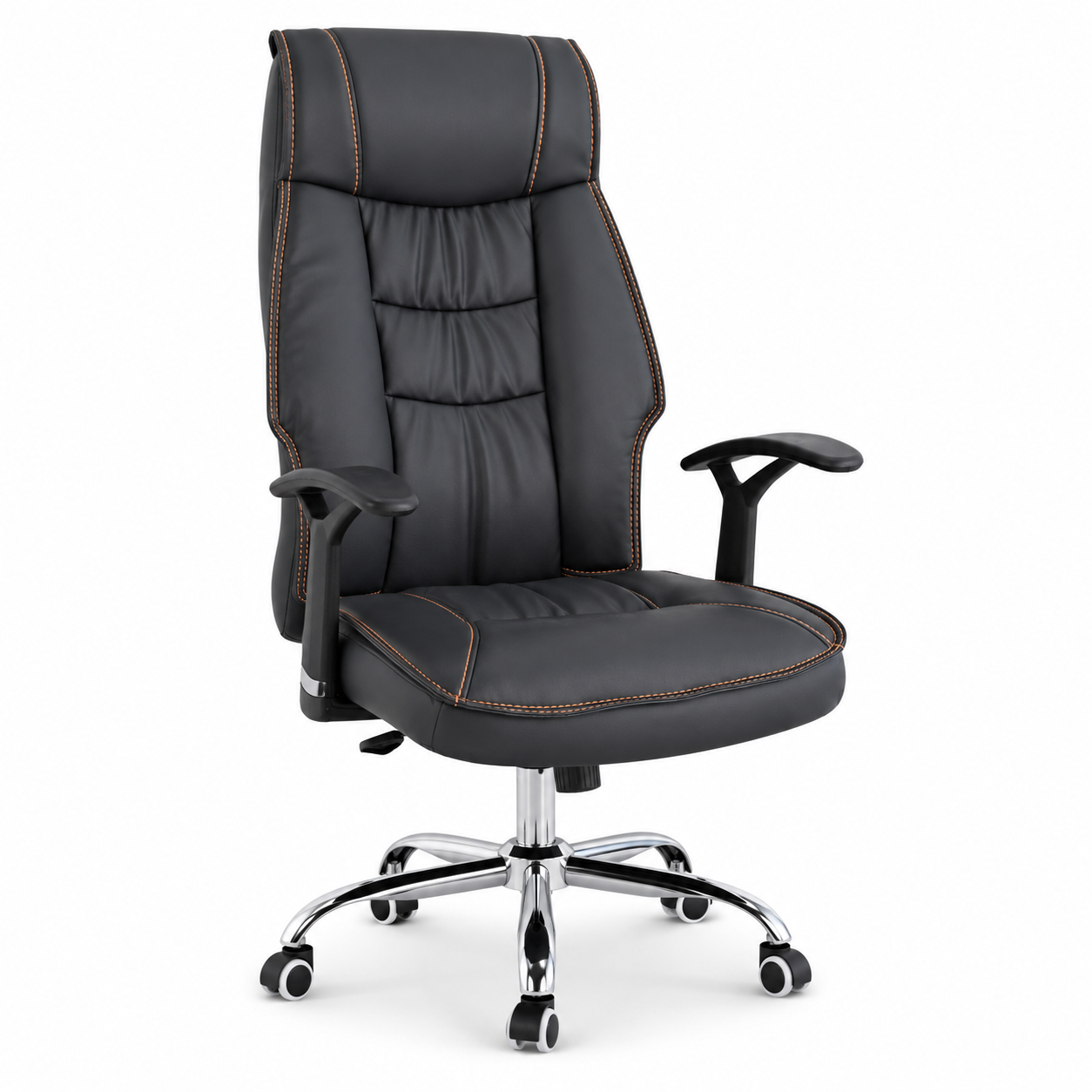 Premium Ergonomic Executive Office High-Back Padded Luxury Desk Chair with Contrast Stitching, 360° Swivel Chrome Base & Adjustable Height Workstation (Black)
