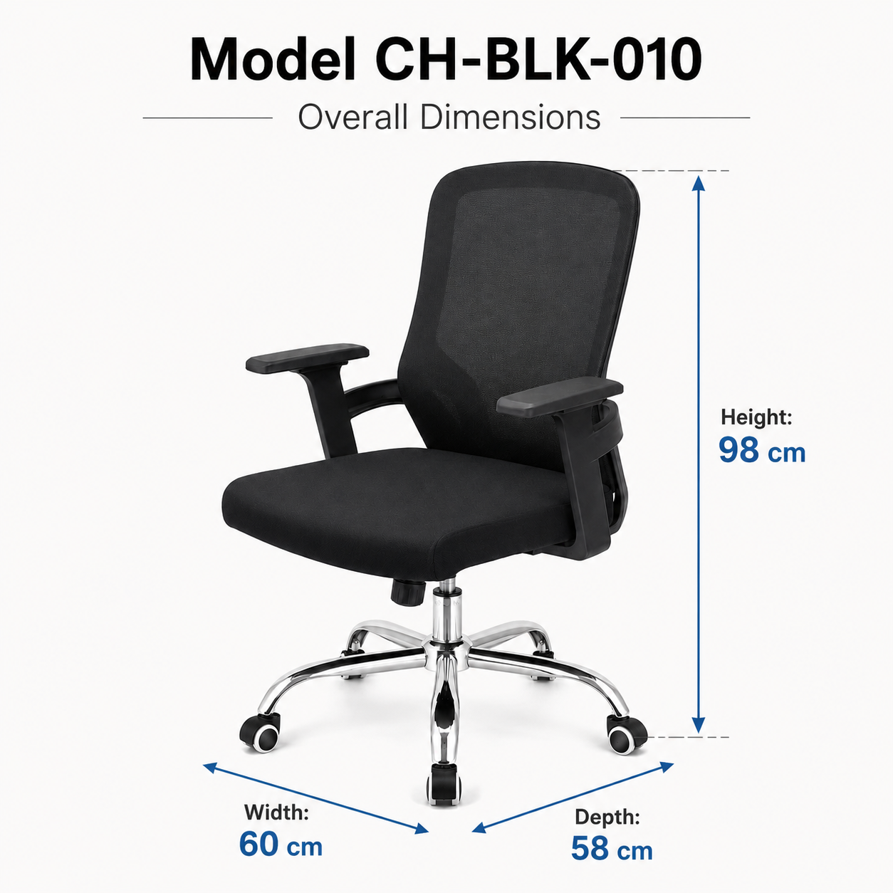Ergonomic Mesh Office Chair with Chrome Five-Star Base – Adjustable Swivel Desk Chair, Padded Cushion Seat & Fixed Armrests for Home Office, Corporate, Study
