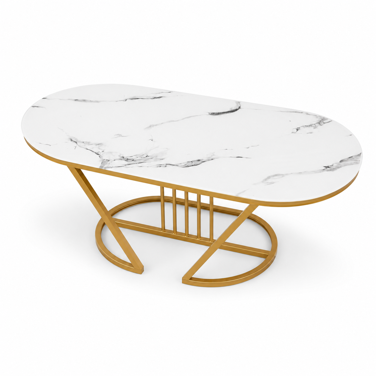 Modern Luxury Marble-Effect Coffee Table with Gold Metal Frame – 100cm Oval Living Room Center Table, Stable Base for Home, Airbnb, Executive Lounge