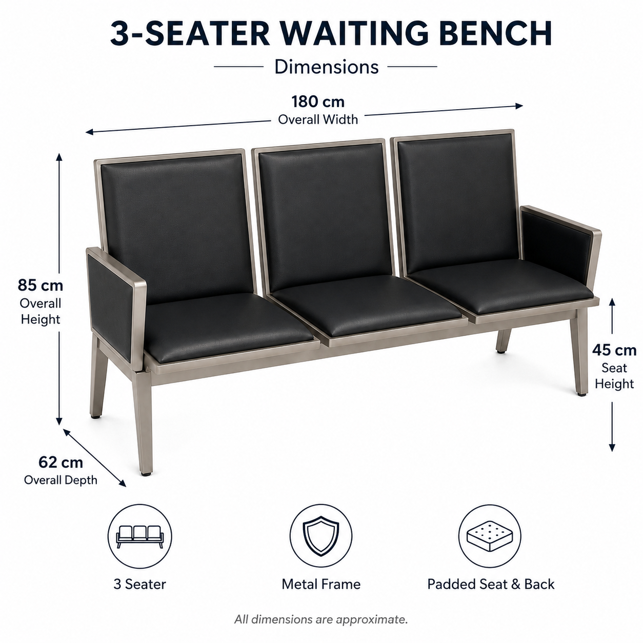 Executive 3-Seater Waiting Bench Sofa – Premium Metal Reception Airport Bench with Cushioned PU Leather Padding and Side Armrests for Office, Clinic Lounge, Salon, Bank