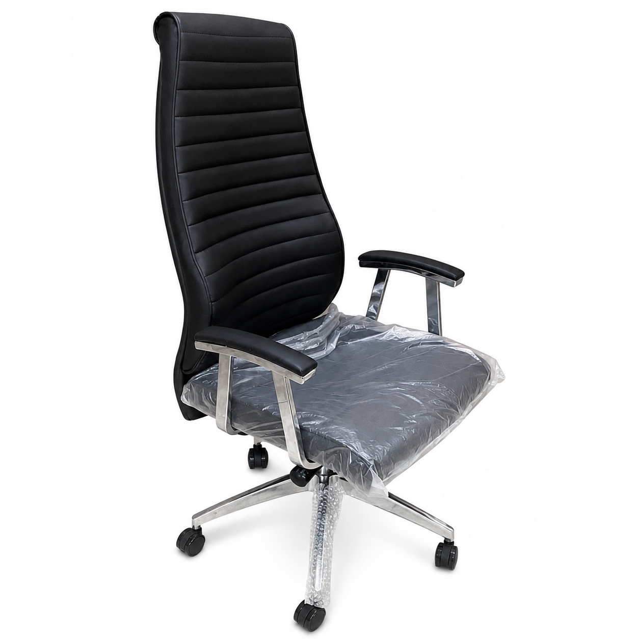 Premium Executive Office Chair – High-Back Ribbed PU Leather Desk Chair with Padded Chrome Armrests & 360° Swivel Base for Work & Study (Black)