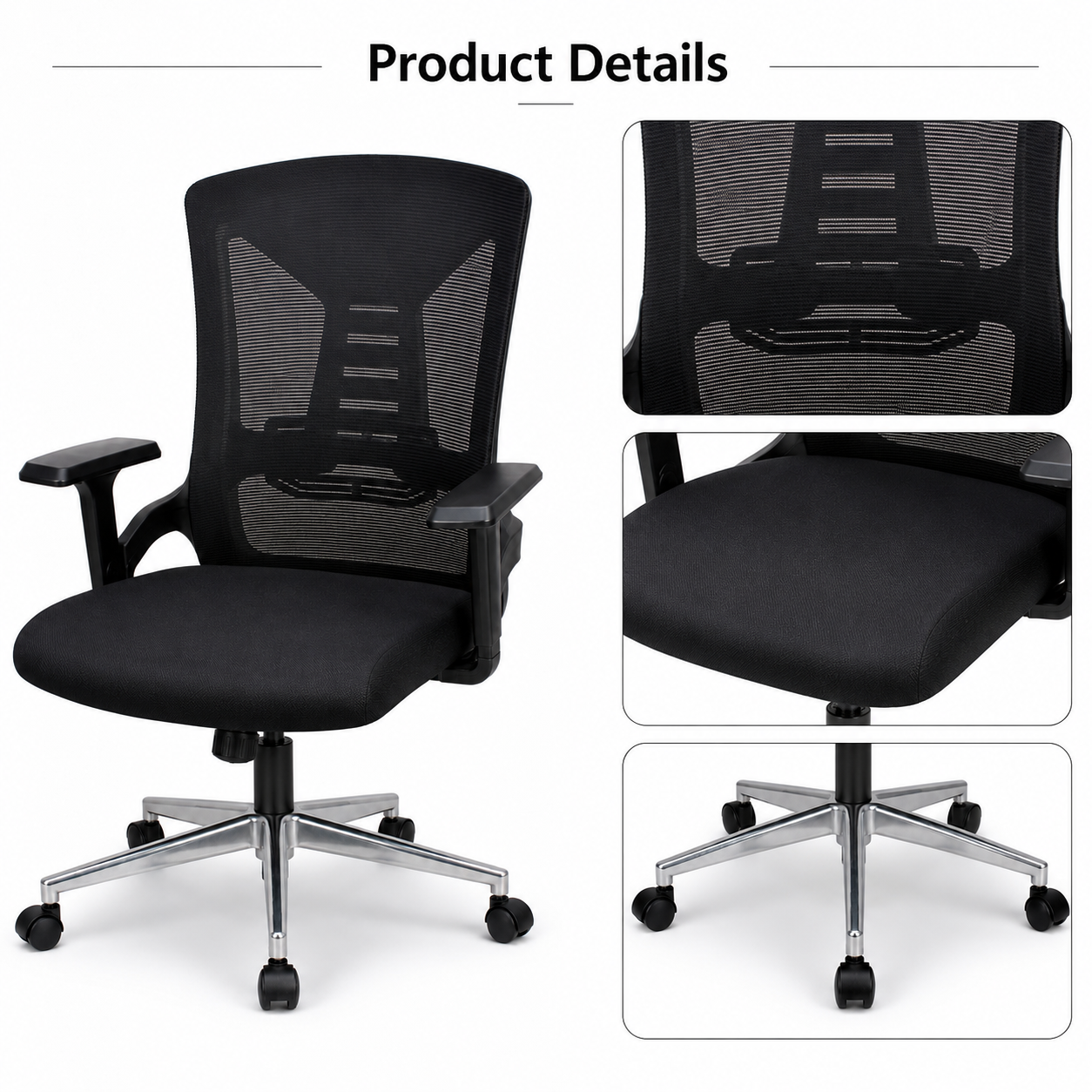 Ergonomic Mesh Office Chair Mid-Back Desk Chair with Built-In Lumbar Support, Comfort Padded Cushion, 360° Swivel Chrome 5-Star Base for Home Office, Workspace (Black)