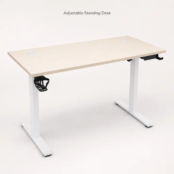 Electric Height Adjustable Standing Desk 120cm Smart Control Panel Sit Stand Motorized Office Desk with Cup Holder & Cable Ports (Light Wood)