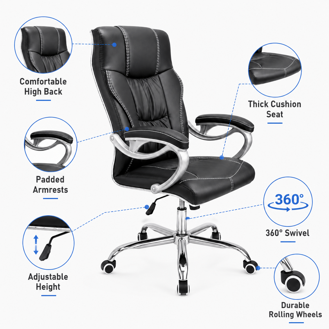 Premium Ergonomic Executive Office Chair F226-1 – High Back Padded Luxury Desk Chair with Chrome 5-Star Swivel Base, Height Adjustment & Soft Armrests for Office, Home Study (Black)