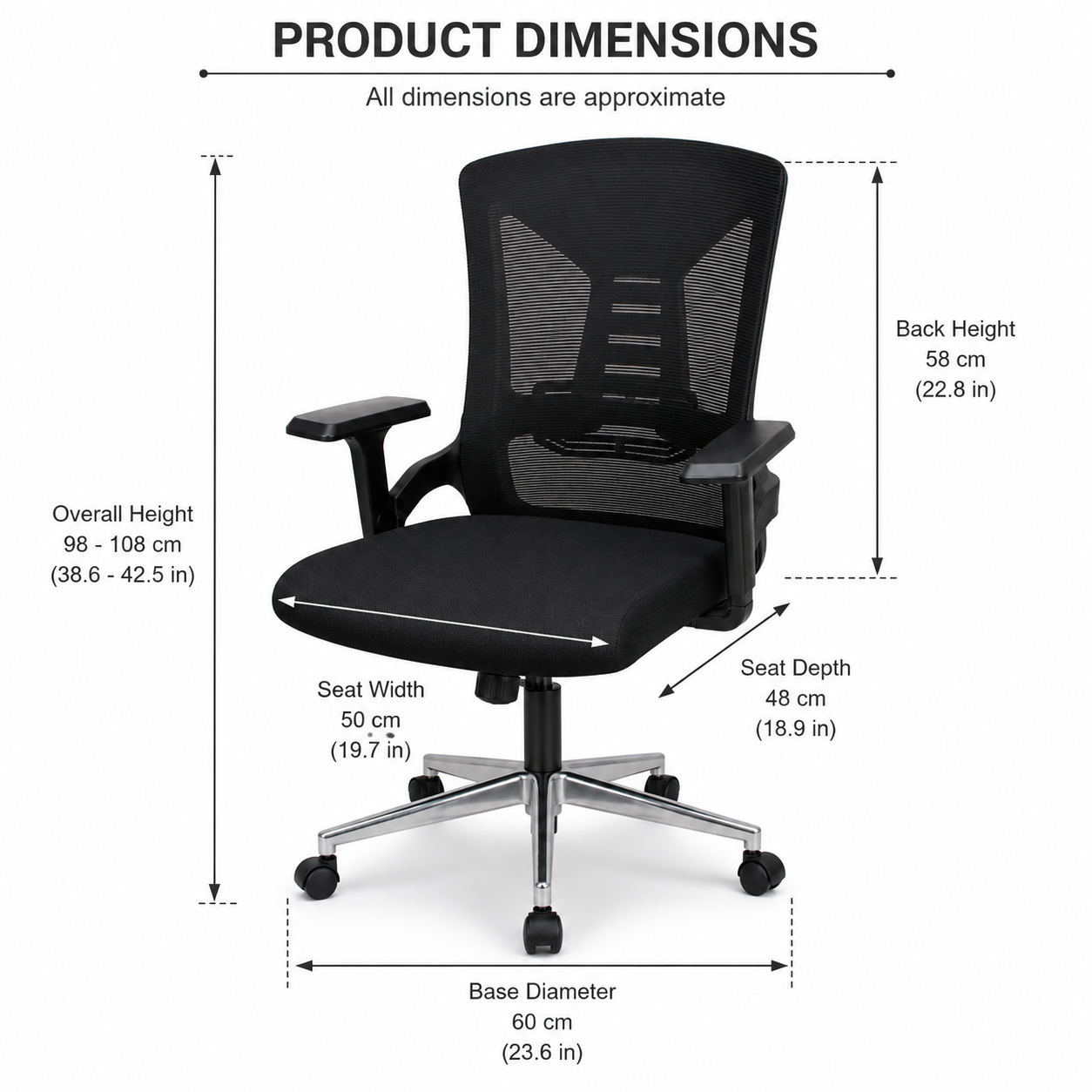Ergonomic Mesh Office Chair Mid-Back Desk Chair with Built-In Lumbar Support, Comfort Padded Cushion, 360° Swivel Chrome 5-Star Base for Home Office, Workspace (Black)