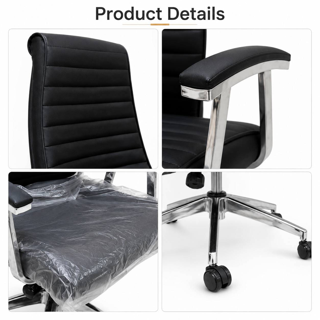 Premium Executive Office Chair – High-Back Ribbed PU Leather Desk Chair with Padded Chrome Armrests & 360° Swivel Base for Work & Study (Black)