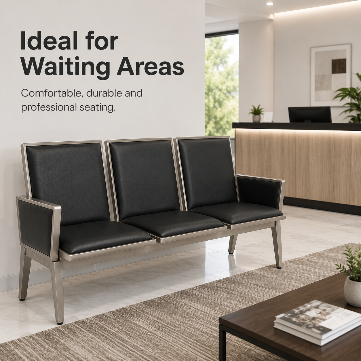 Executive 3-Seater Waiting Bench Sofa – Premium Metal Reception Airport Bench with Cushioned PU Leather Padding and Side Armrests for Office, Clinic Lounge, Salon, Bank